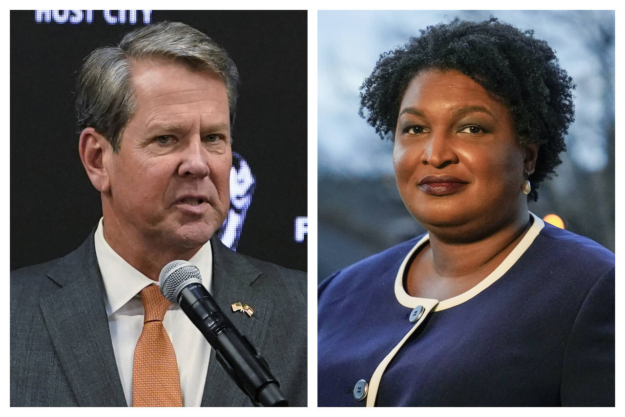 FILE - This combination of 2022 and 2021 file photos shows Georgia Gov. Brian Kemp, left, and guber...