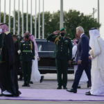 
              President Joe Biden arrives at King Abdulaziz International Airport, Friday, July 15, 2022, in Jeddah, Saudi Arabia. (AP Photo/Evan Vucci)
            