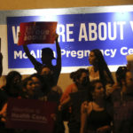 
              Demonstrators gather outside the Whole Women's Health clinic Friday, June 24,2022 in McAllen, Texas. The one clinic that provides abortion services in the Rio Grande Valley ceased providing abortions on Friday following the Supreme Court ruling overturning abortion. (Delcia Lopez/The Monitor via AP)
            