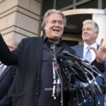
              Former White House strategist Steve Bannon speaks to the media as he departs federal court in Washington, Wednesday, July 20, 2022. Bannon was brought to trial on a pair of federal charges for criminal contempt of Congress after refusing to cooperate with the House committee investigating the U.S. Capitol insurrection on Jan. 6, 2021. (AP Photo/Jose Luis Magana)
            