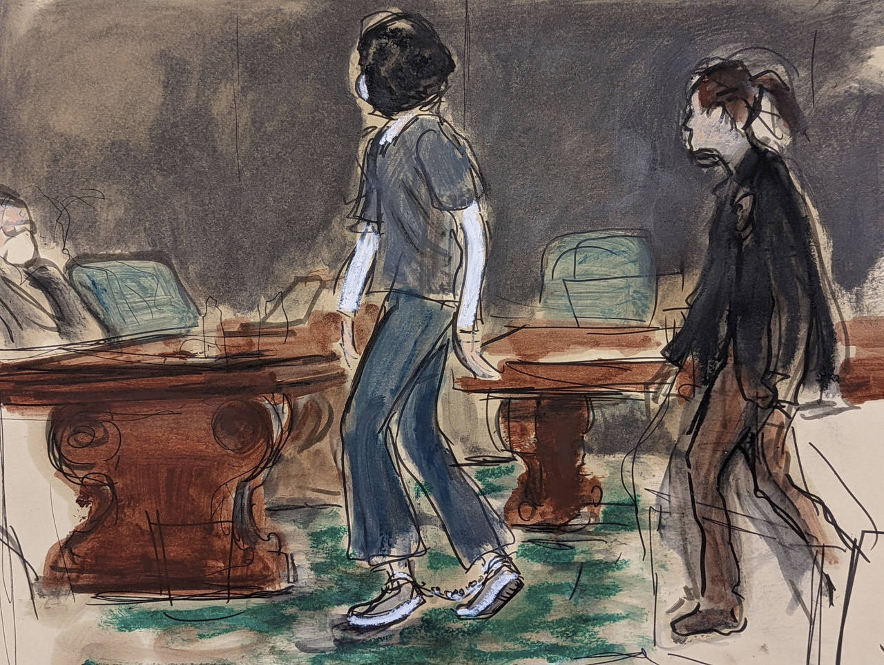 In this courtroom sketch, Ghislaine Maxwell, left, escorted by a U.S. Marshal, wears leg shackles a...