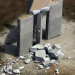 
              FILE - This aerial image from video, shows damage to the Georgia Guidestones monument near Elberton, Ga., on July 6, 2022. The Georgia Bureau of Investigation said the monument, which some Christians regard as satanic, was damaged by an explosion before dawn. (WSB-TV via AP)
            