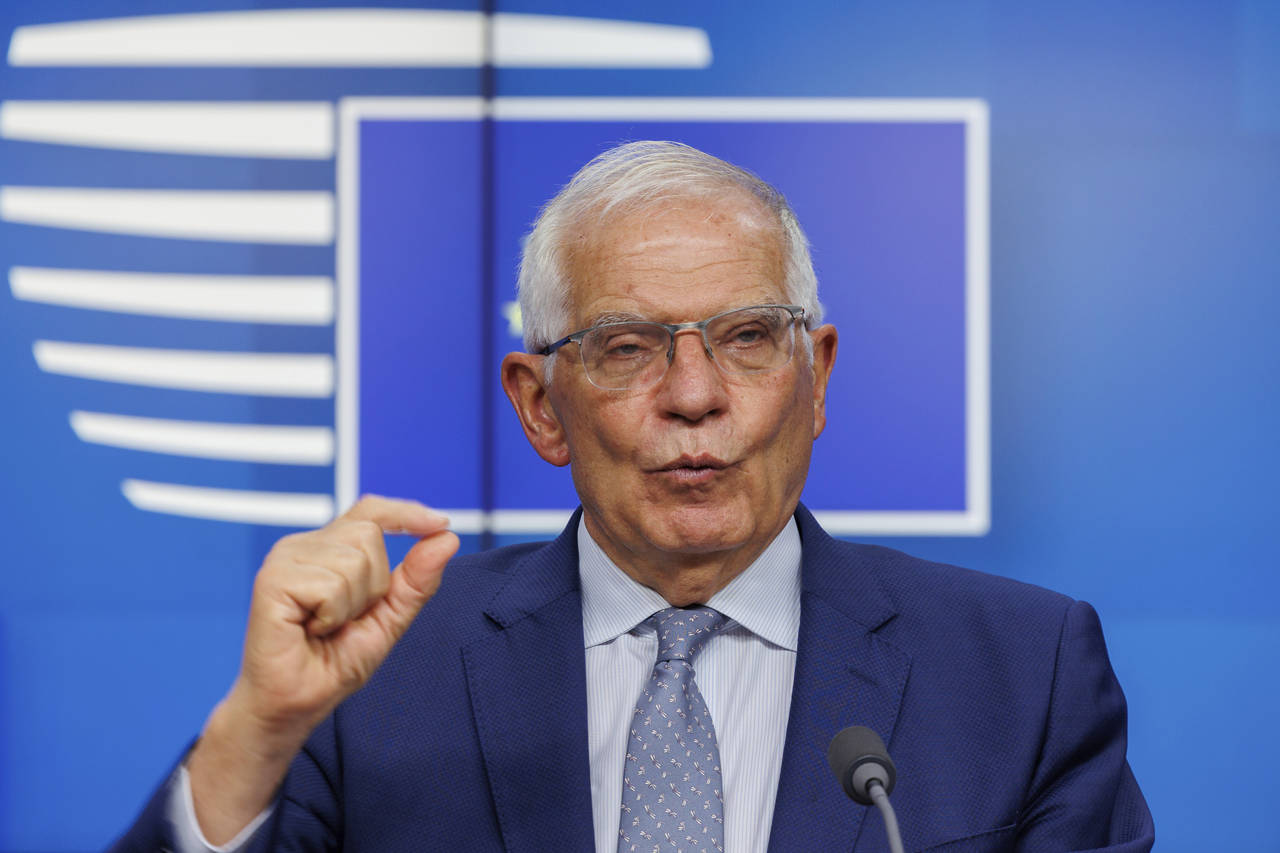 FILE - EU Foreign Policy Chief Josep Borrell speaks to the press after a meeting of EU defence mini...