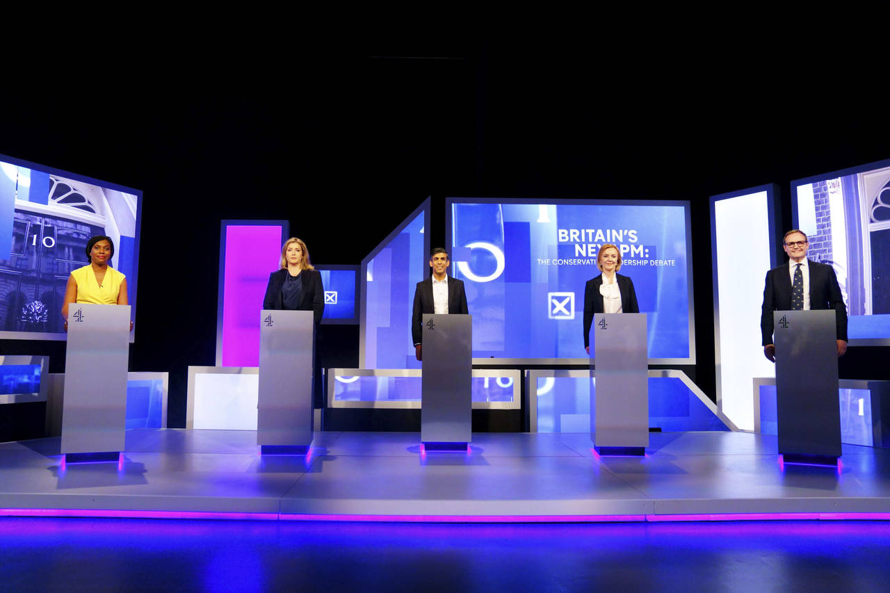 From left, Kemi Badenoch, Penny Mordaunt, Rishi Sunak, Liz Truss and Tom Tugendhat before the live ...