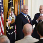 
              President Joe Biden awards the Medal of Honor to Spc. Dwight Birdwell for his actions on Jan. 31, 1968, during the Vietnam War, during a ceremony in the East Room of the White House, Tuesday, July 5, 2022, in Washington. (AP Photo/Evan Vucci)
            
