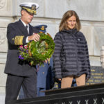 
              Admiral John Aquilino, commander of U.S. Indo-Pacific Command, and his wife, Laura, prepare to lay a wreath at the Tomb of the Unknown Warrior at Pukeahu National War Memorial Park in Wellington, New Zealand, Monday, Aug. 1, 2022. Admiral Aquilino is visiting Wellington as the U.S. is looking to increase its presence in the region amid deep concerns over China's growing ambitions in the Pacific. (Mark Mitchell/New Zealand Herald via AP)
            