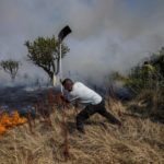 
              A local resident fights a forest fire with a shovel during a wildfire in Tabara, north-west Spain, Tuesday, July 19, 2022. Firefighters battled wildfires raging out of control in Spain and France as Europe wilted under an unusually extreme heat wave that authorities in Madrid blamed for hundreds of deaths. (AP Photo/Bernat Armangue)
            