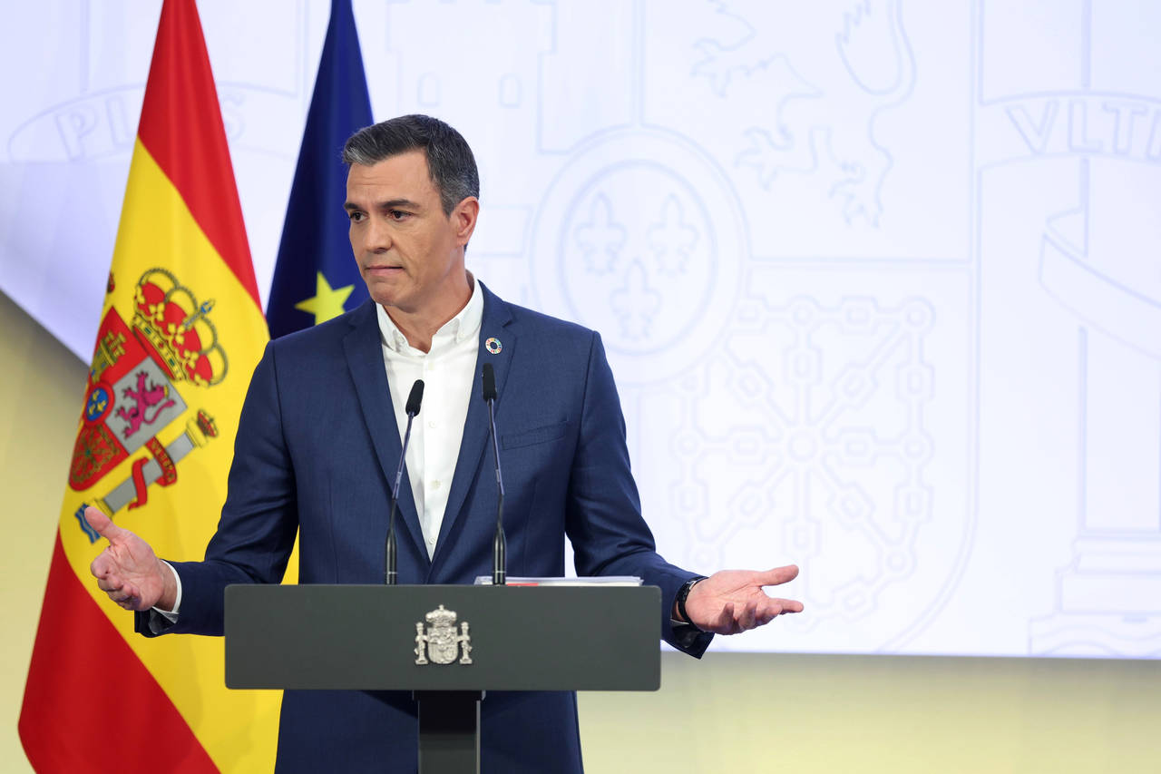 Spanish Prime Minister Pedro Sanchez speaks during a news conference at the Moncloa palace in Madri...