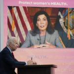 
              President Joe Biden listens as New York Gov. Kathy Hochul speaks during a virtual meeting with Democratic governors on the issue of abortion rights, in the South Court Auditorium on the White House campus, Friday, July 1, 2022, in Washington. (AP Photo/Evan Vucci)
            