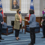 
              In this photo released by the Taiwan Presidential Office, President Tsai Ing-wen, center right, meets with European Parliament Vice President Nicola Beer at the Presidential Office in Taipei, Taiwan on Wednesday, July 20, 2022. (Taiwan Presidential Office via AP)
            
