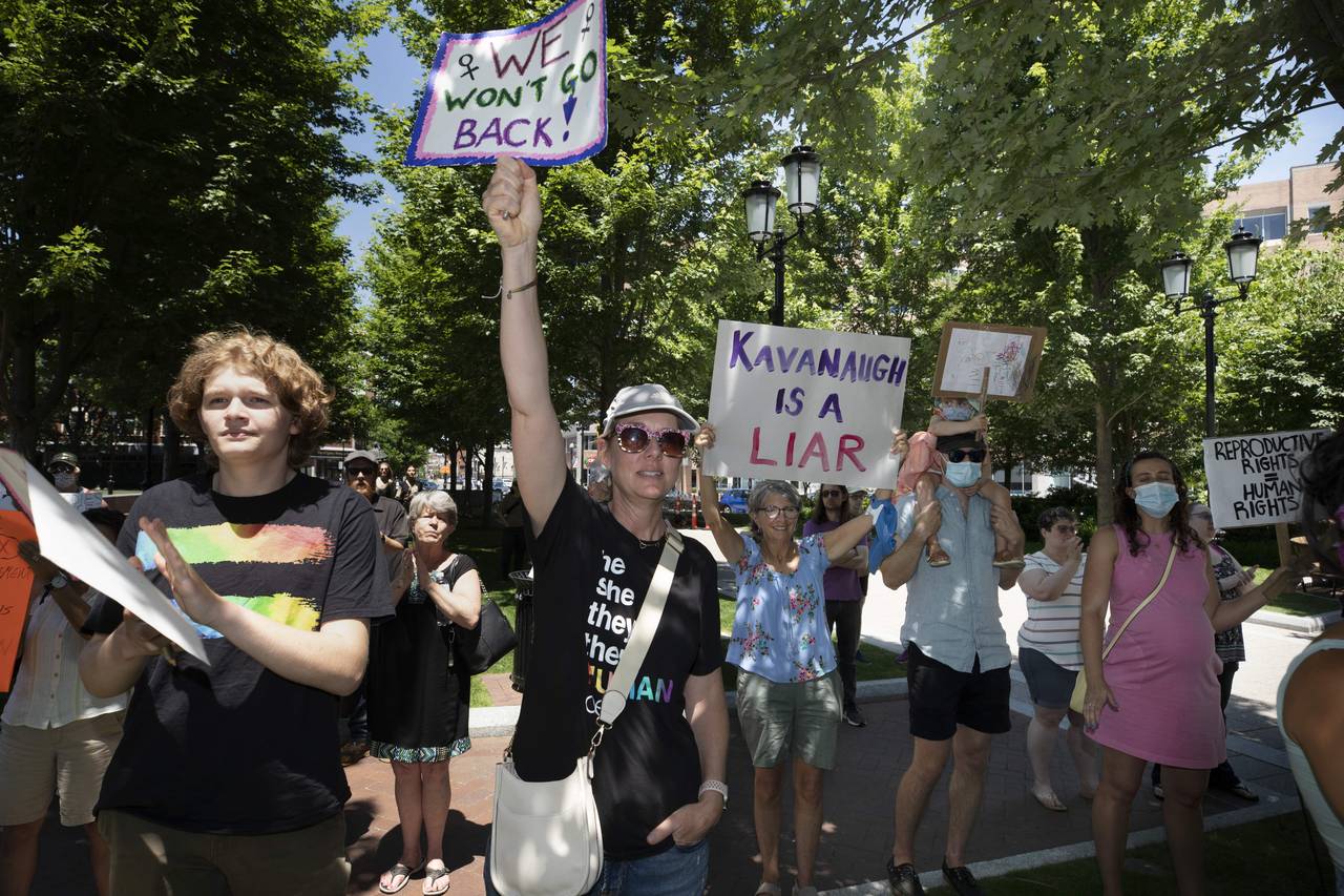 Abortion-rights supporters rally, Saturday, June 25, 2022, in Quincy, Mass., a day after the Suprem...