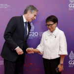 
              U.S. Secretary of State Antony Blinken, left, meets Indonesia's Foreign Minister Retno Marsudi at the G20 Foreign Ministers' Meeting in Nusa Dua, Bali, Indonesia Friday, July 8, 2022. (Willy Kurniawan/Pool Photo via AP)
            