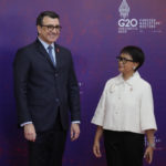
              Indonesian Foreign Minister Retno Marsudi, right, greets Brazilian Foreign Minister Carlos Franca upon arrival at the G20 Foreign Ministers' Meeting in Nusa Dua, Bali, Indonesia, Friday, July 8, 2022. (AP Photo/Dita Alangkara, Pool)
            