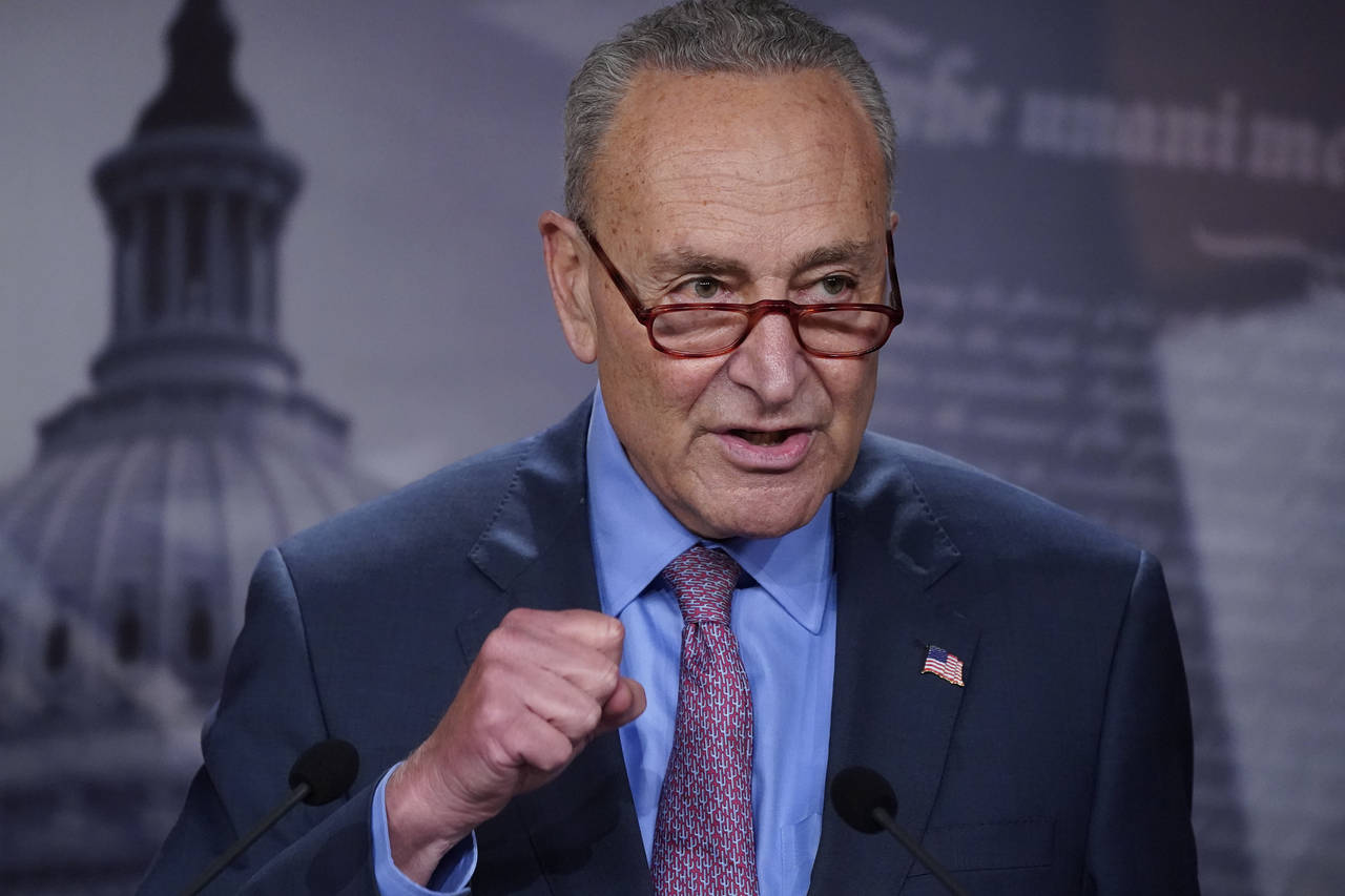 Senate Majority Leader Chuck Schumer, D-N.Y., speaks to reporters at the Capitol in Washington, Tue...