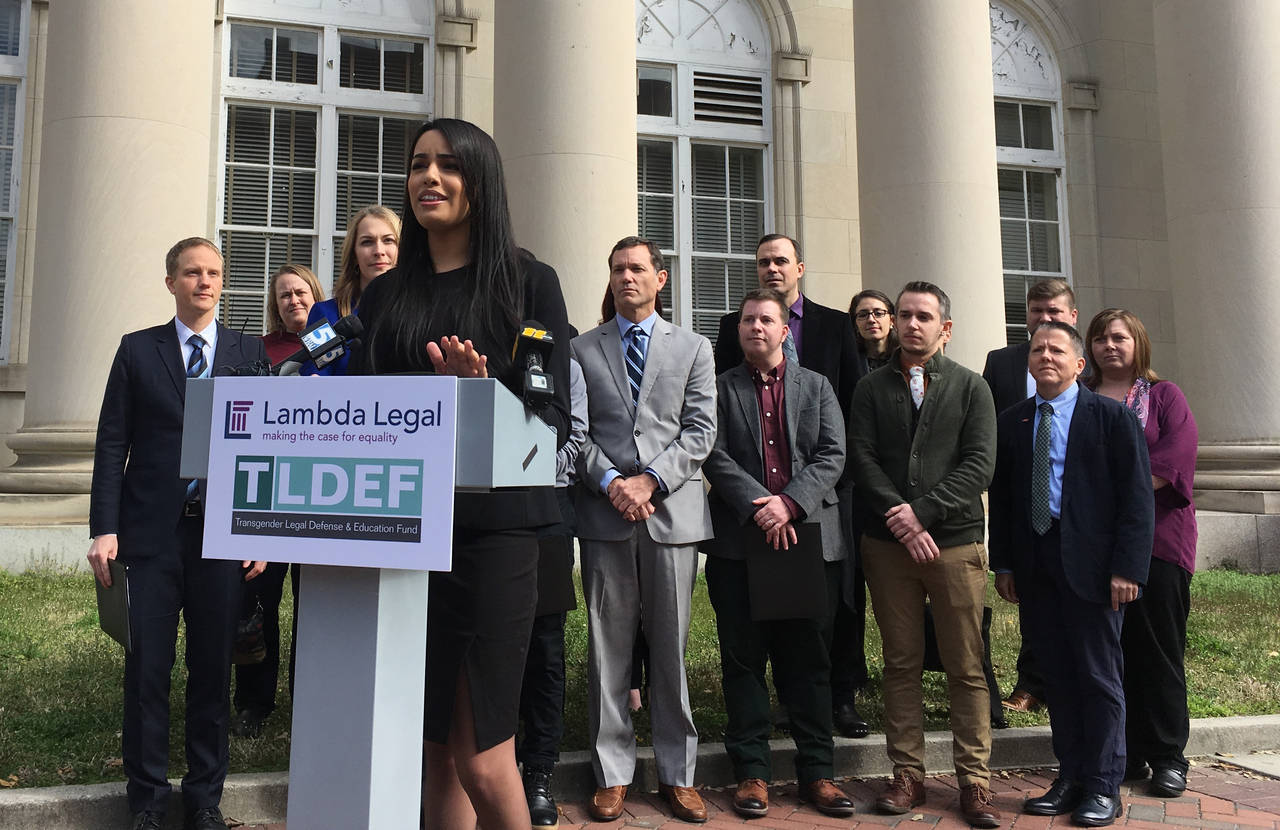 FILE - Lambda Legal lawyer Taylor Brown addresses reporters on March 11, 2019, in Durham, N.C., to ...