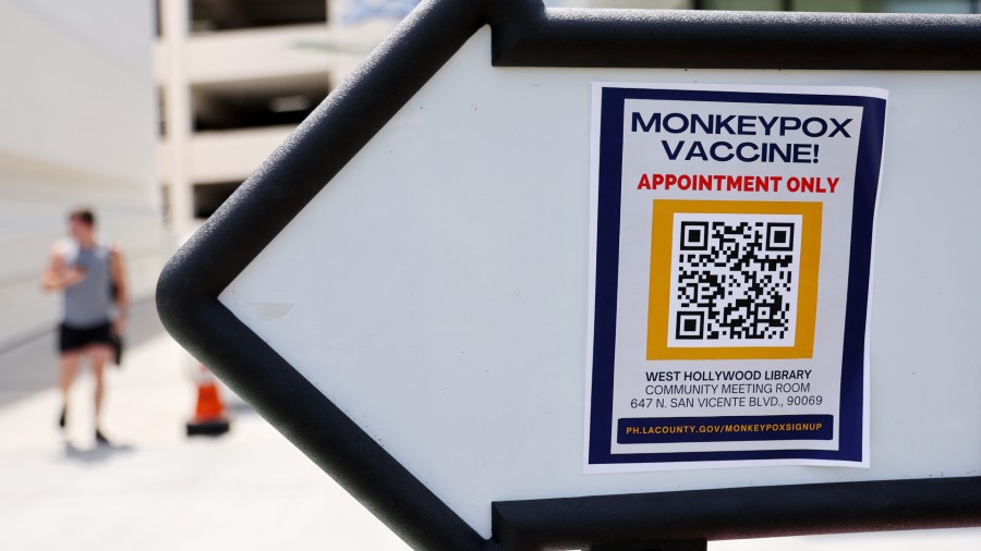 A sign directs people toward a pop-up monkeypox vaccination clinic which opened today by the Los An...