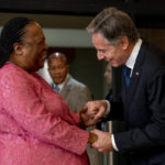 
              Secretary of State Antony Blinken is greeted by South Africa's Foreign Minister Naledi Pandor as he arrives for a meeting at the South African Department of International Relations and Cooperation in Pretoria, South Africa, Monday, Aug. 8, 2022. Blinken is on a ten day trip to Cambodia, Philippines, South Africa, Congo, and Rwanda. (AP Photo/Andrew Harnik, Pool)
            