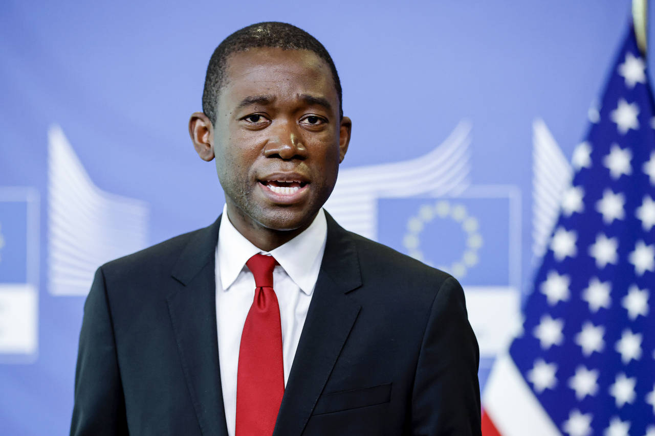 FILE - U.S. Deputy Secretary of the Treasury Wally Adeyemo speaks during a press conference at EU h...