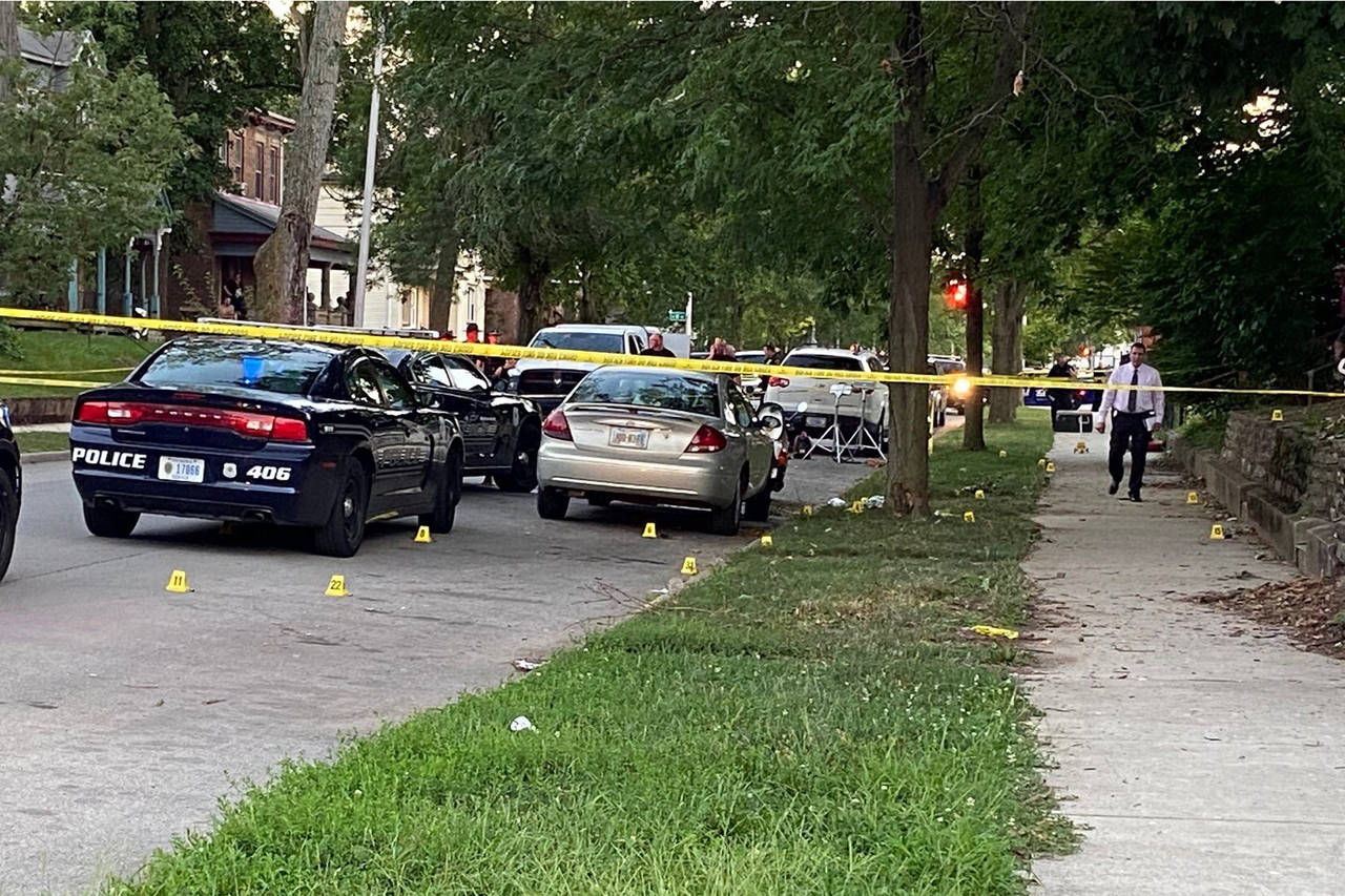 Evidence markers dot the scene, Wednesday, Aug. 10, 2022, on Richmond, Ind., where Richmond Police ...