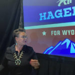 
              Republican House candidate Harriet Hageman finishes speaking to supporters Tuesday, Aug. 16, 2022, in Cheyenne, Wyo., after defeating Rep. Liz Cheney, R-Wyo., in the Republican primary. (AP Photo/Mead Gruver)
            