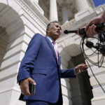 
              Rep. Mark Takano, D-Calif., speaks with reporters after attending a Congressional Progressive Caucus news conference as the House meets to consider the Inflation Reduction Act, Friday, Aug. 12, 2022, on Capitol Hill in Washington. (AP Photo/Patrick Semansky)
            