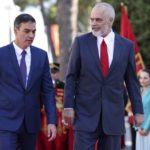 
              Spain's Prime Minister, Pedro Sanchez, left, and his Albanian counterpart Edi Rama talk during the welcoming ceremony at the government headquarters in Tirana, Albania, Monday, Aug. 1, 2022. Sanchez is in Albania for a one-day official visit. (AP Photo/Franc Zhurda)
            