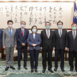 
              In this photo released by the Taiwan Presidential Office, Taiwan's President Tsai Ing-wen, center left, poses for photos with a delegation from Japan, in Taipei, Taiwan on Tuesday, Aug. 23, 2022. Taiwan's president invoked an armed conflict from 1958 as an example of the island's resolve to defend itself while she met Tuesday with more foreign visitors amid the highest tensions with China in decades. (Taiwan Presidential Office via AP)
            