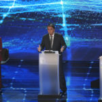 
              Brazil's incumbent President Jair Bolsonaro, who is running for re-election, center, presidential candidate Simone Tebet of the Brazilian Democratic Movement Party, left, and presidential candidate Soraya Thronicke of the Brasil Union Party, attend a presidential debate in Sao Paulo, Brazil, Sunday, Aug. 28, 2022. Brazil will hold general elections on Oct. 2. (AP Photo/Andre Penner)
            