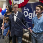 
              Andy Ogles, center, speaks to supporters at his election night celebration at the Residence Inn Franklin Berry Farms, Thursday, Aug 4, 2022, in Franklin, Tenn. (Alan Poizner/The Tennessean via AP)
            