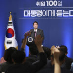 
              South Korean President Yoon Suk Yeol takes a question during a news conference to mark his first 100 days in office at the presidential office in Seoul, South Korea, Wednesday, Aug. 17, 2022. (Chung Sung-Jun/Pool Photo via AP)
            