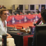 
              Dutch Minister for the Environment Vivianne Heijne, left, talks with Minister for Climate and Energy Policy Rob Jetten at the G20 Joint Environment and Climate Ministers' Meeting in Nusa Dua, Bali, Indonesia on Wednesday, Aug. 31, 2022. (AP Photo/Firdia Lisnawati, Pool)
            