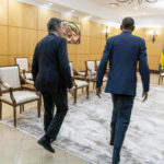 
              Secretary of State Antony Blinken, left, meets with Rwandan President Paul Kagame at the President's Office in Urugwiro Village in Kigali, Rwanda, Thursday, Aug. 11, 2022. Blinken is on a ten day trip to Cambodia, Philippines, South Africa, Congo, and Rwanda. (AP Photo/Andrew Harnik, Pool)
            