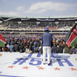 
              Kenyan presidential candidate Raila Odinga addresses his supporters during his final electoral campaign rally in Kasarani stadium in Nairobi, Kenya Saturday, Aug. 6, 2022. Kenya is due to hold its general election on Tuesday, Aug. 9 as the East Africa's economic hub chooses a successor to President Uhuru Kenyatta. (AP Photo/Brian Inganga)
            