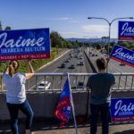 
              Supporters of Republican Rep. Jaime Herrera Beutler do some last minute campaigning over Interstate 5 in Vancouver, Wash. Tuesday, Aug. 2, 2022. (Daniel Kim/The Seattle Times via AP)
            