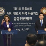 
              U.S. House Speaker Nancy Pelosi, left, and  South Korean National Assembly Speaker Kim Jin Pyo attend a joint press announcement after their meeting at the National Assembly in Seoul, Thursday, Aug. 4, 2022. (Kim Min-Hee/Pool Photo via AP)
            