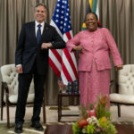 
              Secretary of State Antony Blinken is greeted by South Africa's Foreign Minister Naledi Pandor as he arrives for a meeting at the South African Department of International Relations and Cooperation in Pretoria, South Africa, Monday, Aug. 8, 2022. Blinken is on a ten day trip to Cambodia, Philippines, South Africa, Congo, and Rwanda. (AP Photo/Andrew Harnik, Pool)
            