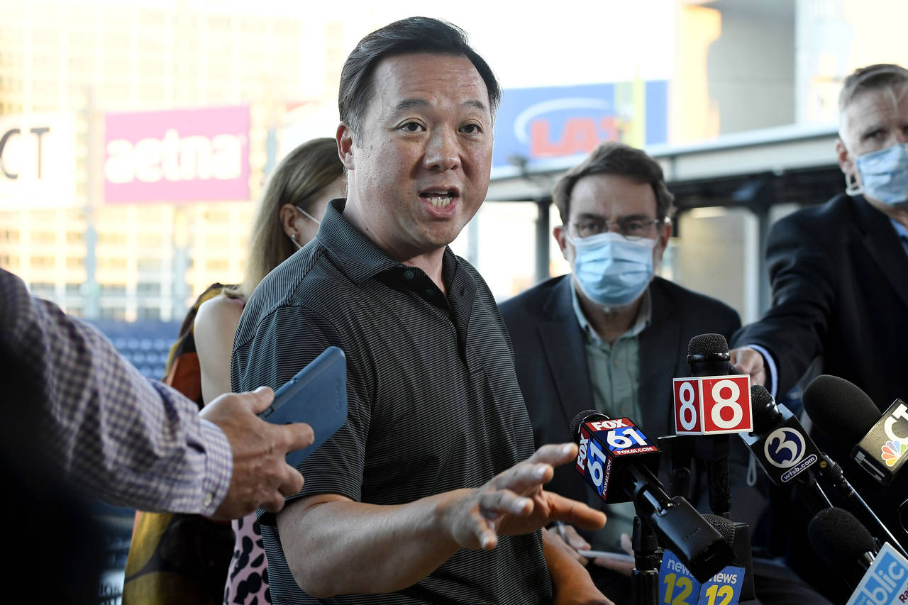 FILE — Connecticut Attorney General William Tong speaks to the media during a watch party for the...