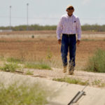 
              Kelly Anderson walks along a dry irrigation canal that once fed his fields, Thursday, Aug. 18, 2022, in Maricopa, Ariz. Anderson grows specialty crops for the flower industry and leases land to alfalfa farmers whose crops feed cattle at nearby dairy farms. He knows what's at stake as states dither over cuts and expects about half of the area will go unplanted next year, after farmers in the region lose all access to the river. (AP Photo/Matt York)
            