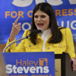 
              U.S. Rep. Haley Stevens speaks at her election event at The Townsend Hotel in Birmingham, Mich., Tuesday, Aug. 2, 2022. (Robin Buckson/Detroit News via AP)
            