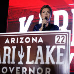 
              Kari Lake, Republican candidate for Arizona governor, speaks at her election night party Tuesday, Aug. 2, 2022, in Scottsdale, Ariz. (AP Photo/Ross D. Franklin)
            