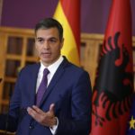 
              Spain's Prime Minister Pedro Sanchez speaks during a news conference with his Albanian counterpart Edi Rama at the government headquarters in Tirana, Albania, Monday, Aug. 1, 2022. Sanchez is in Albania for a one-day official visit. (AP Photo/Franc Zhurda)
            