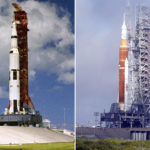 
              This combination of photos shows the Saturn V rocket with Apollo 12's spacecraft aboard on the launch pad at the Kennedy Space Center in 1969, left. At right is NASA's new moon rocket for the Artemis program with the Orion spacecraft on top at the Kennedy Space Center in Cape Canaveral, Fla., on March 18, 2022. Liftoff for the first Artemis mission is set for Monday, Aug. 29, 2022. (AP Photo)
            