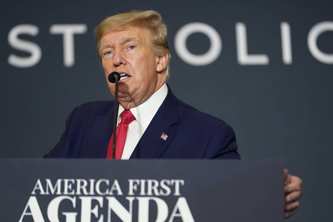 FILE - Former President Donald Trump speaks at an America First Policy Institute agenda summit at t...