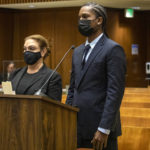 
              Rapper A$AP Rocky, right, appears in a Los Angeles Superior courtroom on Wednesday, Aug. 17, 2022, and pleaded not guilty to assault charges stemming from a November 2021 run-in with a former friend in Hollywood. The rapper, whose real name is Rakim Mayers, remains free on $550,000 bond and is due back in court Nov. 2, 2022. (Irfan Khan/Los Angeles Times via AP, Pool)
            