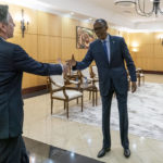 
              Secretary of State Antony Blinken, left, meets with Rwandan President Paul Kagame at the President's Office in Urugwiro Village in Kigali, Rwanda, Thursday, Aug. 11, 2022. Blinken is on a ten day trip to Cambodia, Philippines, South Africa, Congo, and Rwanda. (AP Photo/Andrew Harnik, Pool)
            