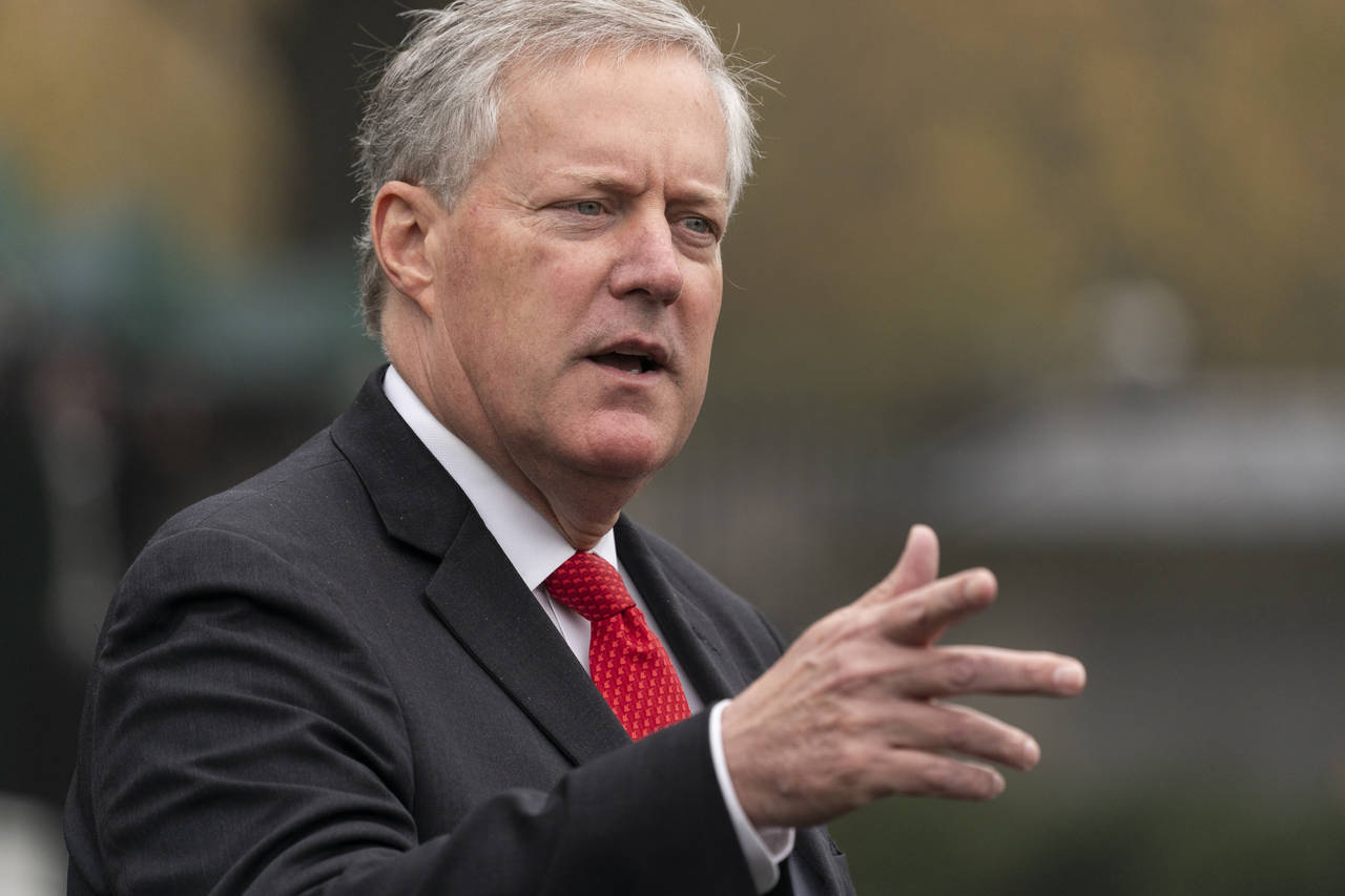 FILE - Then-White House chief of staff Mark Meadows speaks with reporters at the White House, Oct. ...