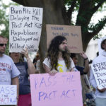 
              Veterans, military family members and advocates rally outside the Capitol in Washington, Tuesday, Aug. 2, 2022, in support of a bill that enhances health care and disability benefits for millions of veterans exposed to the toxic burn pits. (AP Photo/Mariam Zuhaib)
            