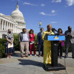 
              Rep. Barbara Lee, D-Calif., speaks at a Congressional Progressive Caucus news conference as the House meets to consider the Inflation Reduction Act, Friday, Aug. 12, 2022, on Capitol Hill in Washington. Standing behind Lee are Rep. Debbie Dingell, D-Mich., from left, Rep. Raul Grijalva, D-Ariz., Rep. Marie Newman, D-Ill., Rep. Jamie Raskin, D-Md., Rep. Pramila Jayapal, D-Wash., Rep Jamaal Bowman, D-N.Y., and Rep. Mark Pocan, D-Wis. (AP Photo/Patrick Semansky)
            