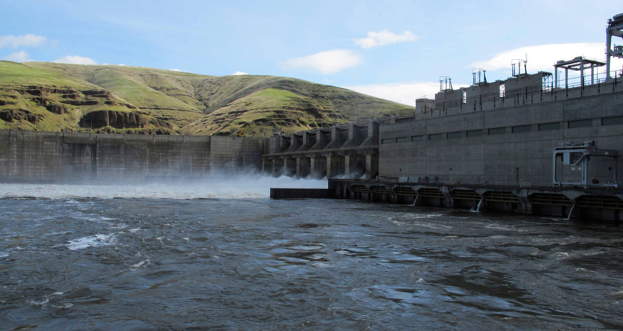 FILE - Water moves through a spillway of the Lower Granite Dam on the Snake River near Almota, Wash...