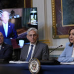 
              Vice President Kamala Harris, right, speaks in the Indian Treaty Room on the White House complex in Washington, Wednesday, Aug. 3, 2022, on securing access to reproductive and other health during the first meeting of the interagency Task Force on Reproductive Healthcare Access. President Joe Biden attends virtually and Homeland Security Secretary Alejandro Mayorkas, left, and Attorney General Merrick Garland, center, attend in person. (AP Photo/Susan Walsh)
            